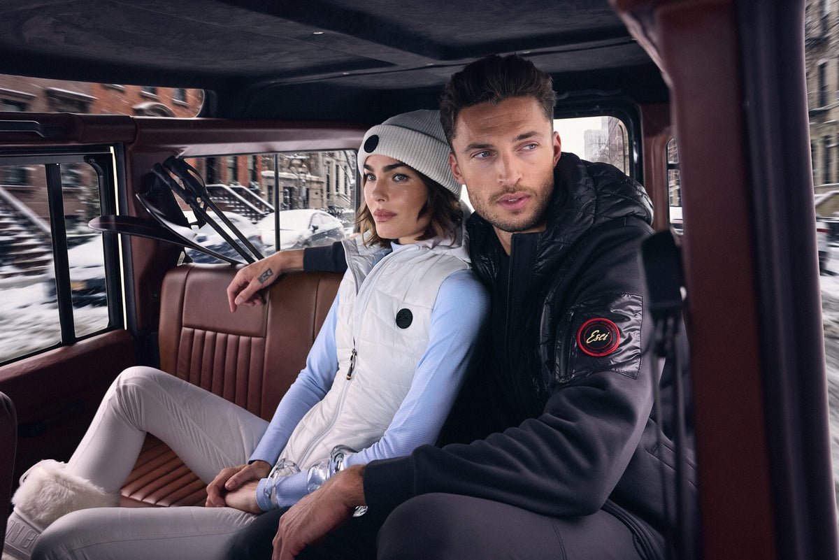 ESCI campaign: the Aurora Vest in Vanilla and the Stratus Hoodie in Black